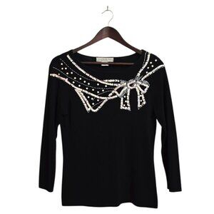 Lucia Burns Vintage Black Beaded Sequin Bow Detail 3/4 Sleeve Top Sz M